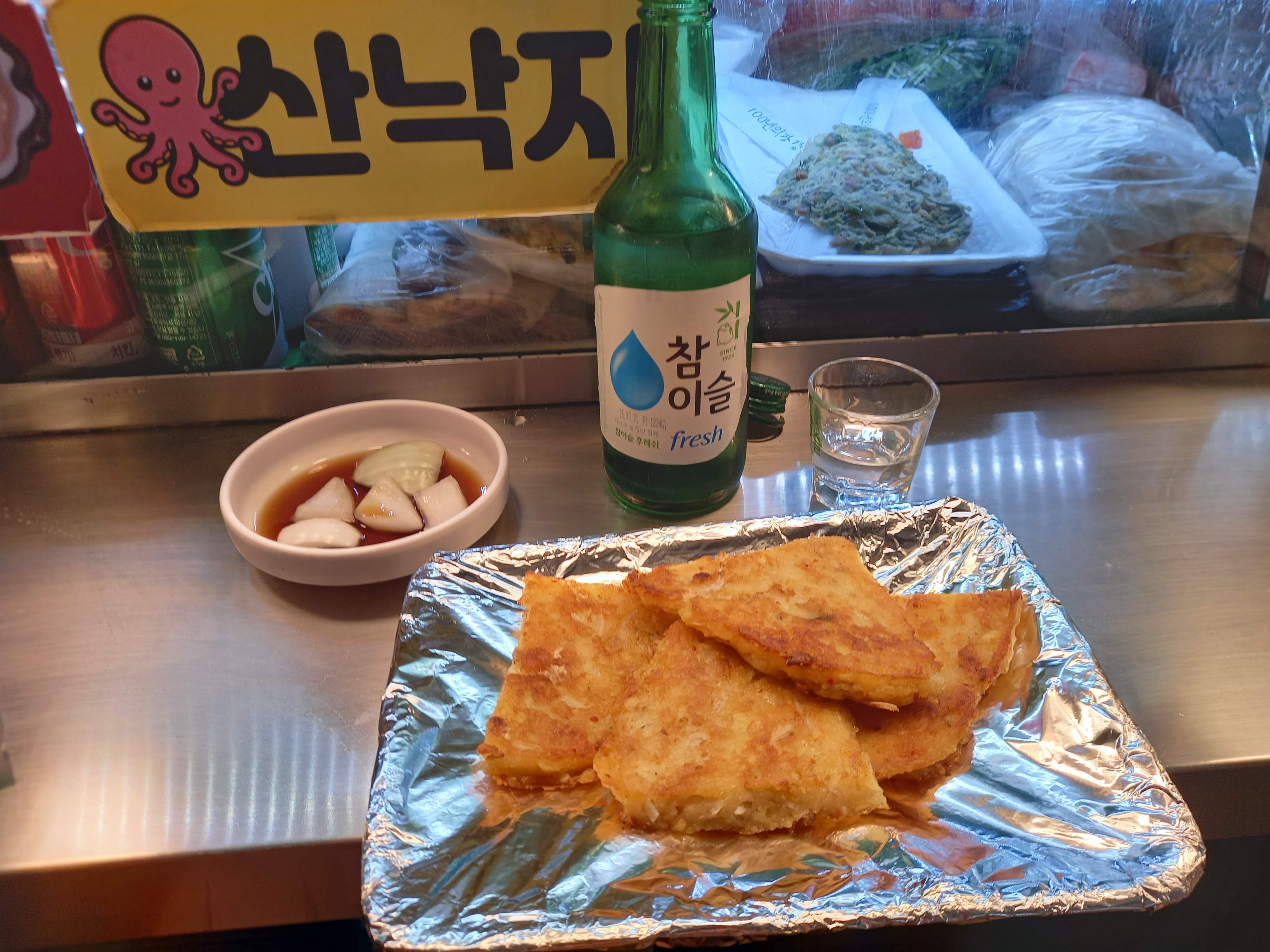 Namdaemun Market dinner with bindaetteok and soju