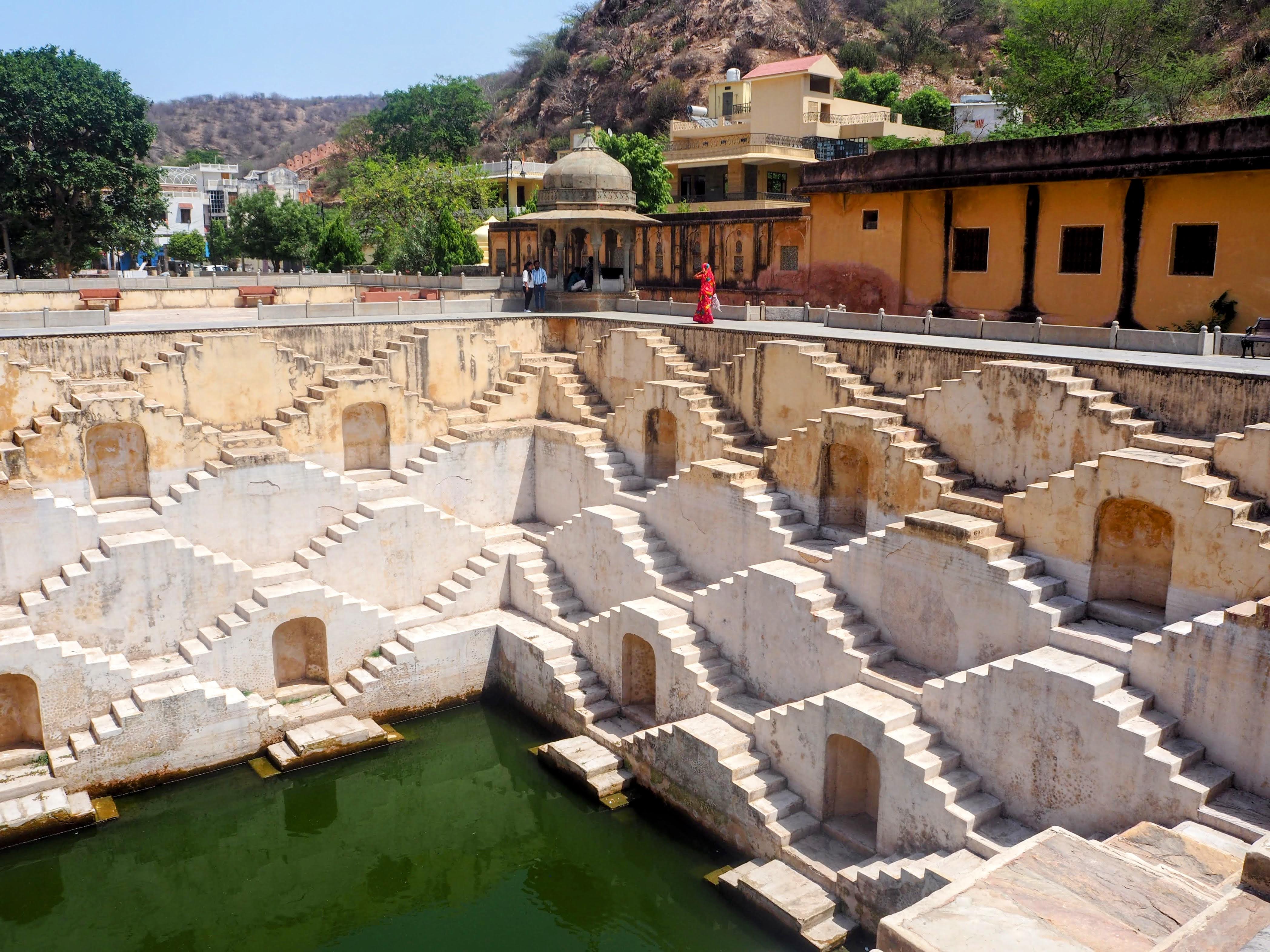Panna Meena ka Kund stepwell with its geometric zigzag staircases, near Amber Fort, Jaipur