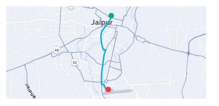 Uber screenshot showing the route from Jaipur airport to city centre, 15km, 42 minutes, 295 INR